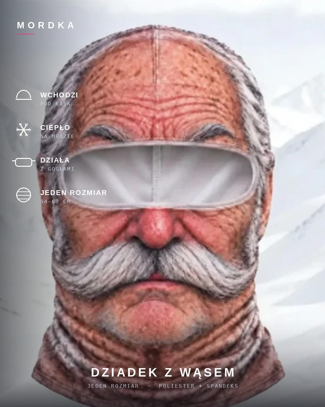 MORDKA Dziadek — śmieszna maska narciarska 3D, balaclava pod kask